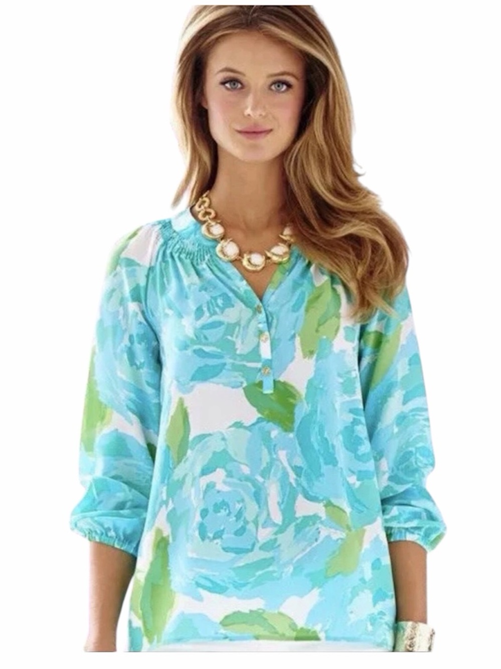 Lilly Pulitzer Elsa Silk Blouse Poolside Blue Floral Tunic Top | XS | 100% Silk
